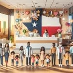 Un grupo de pediatras parados frente a una bandera de Houston.