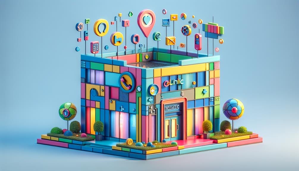 Ilustración 3D de un edificio colorido con íconos de pediatría en el suroeste de Houston.