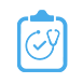 Blue icon of a clipboard with a stethoscope and a checkmark symbol.